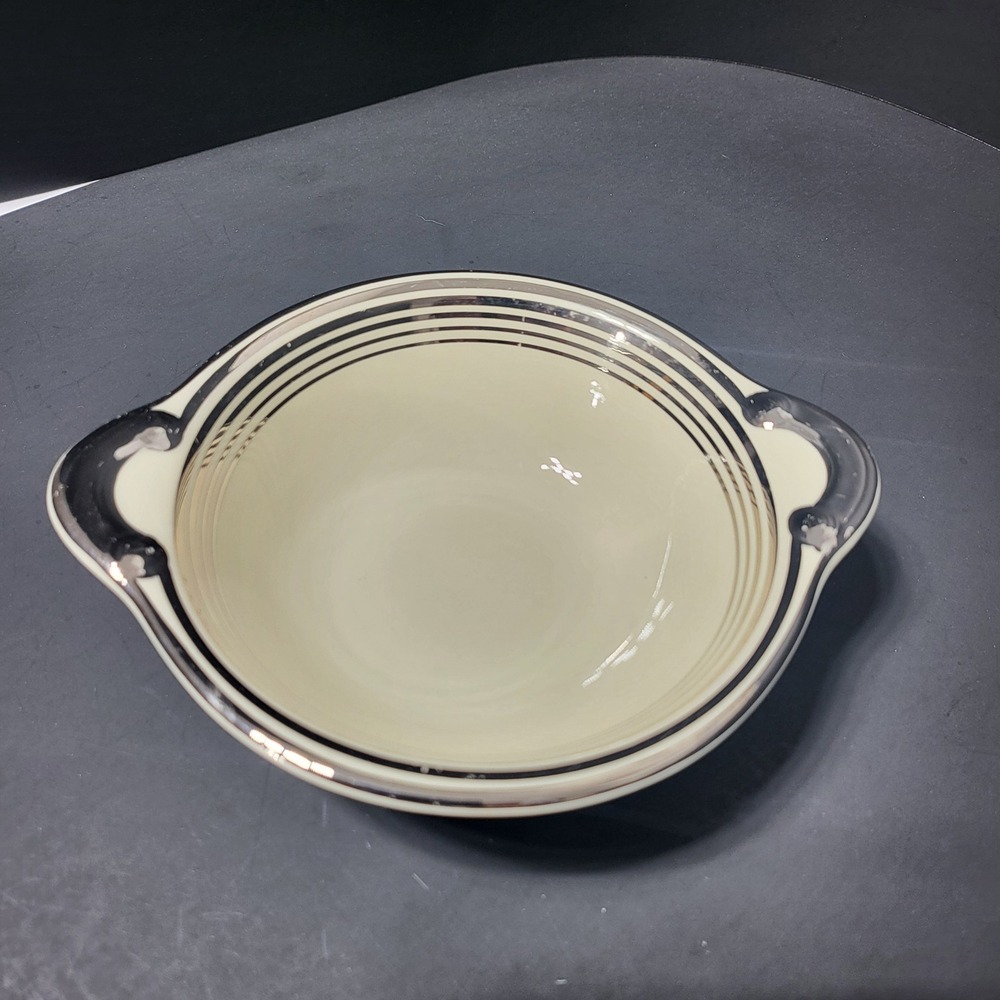 VTG Taylor Smith Taylor Cream Lugged‎ Soup Bowl Silver Platinum Trim USA